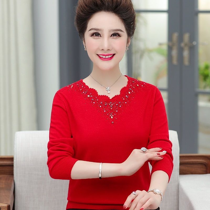 妈妈装春秋装羊毛衫女大码婆婆装洋气本命年大红色中老年女装毛衣