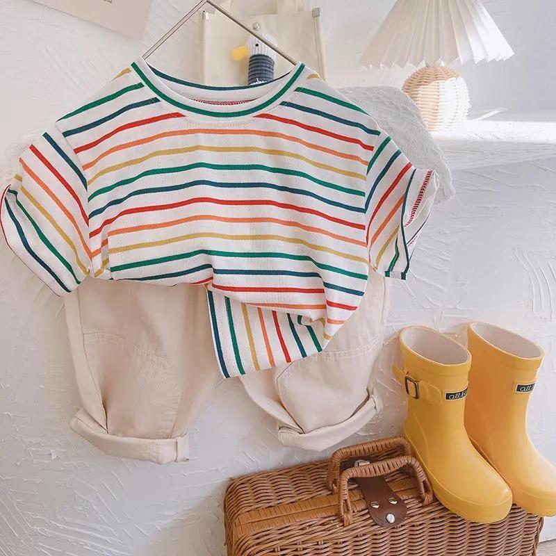 Rainbow striped T Korean children's foreign style all-match thin short-sleeved tops boys and girls casual breathable T-shirt tide