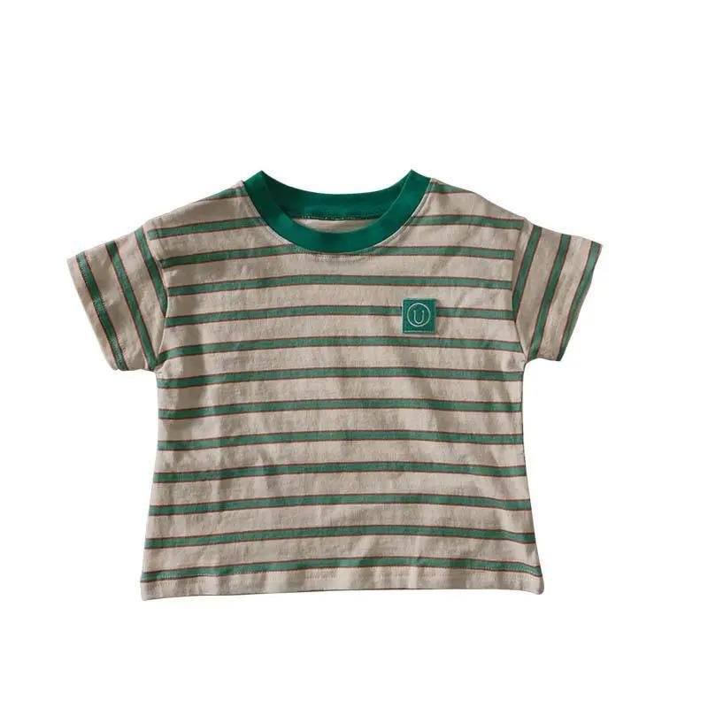 All-match hemp cotton boy striped t-shirt short-sleeved foreign style summer girl Korean version loose top color matching children's t-shirt