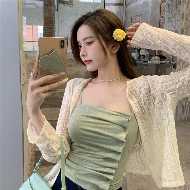 Lace short coat for women summer thin sun protection cardigan 2021 new versatile apricot color outer long-sleeved top