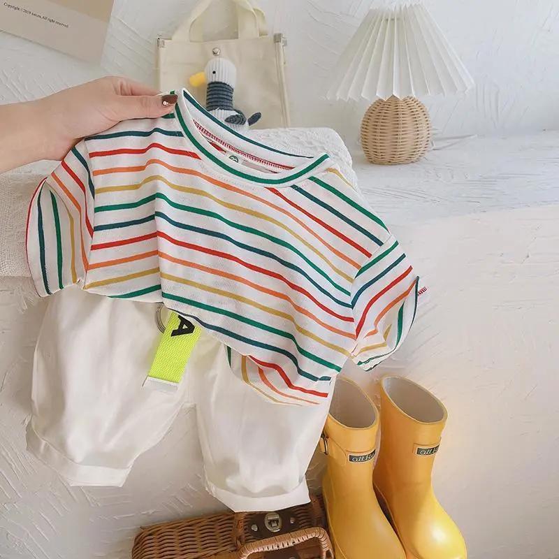 Rainbow striped T Korean children's foreign style all-match thin short-sleeved tops boys and girls casual breathable T-shirt tide