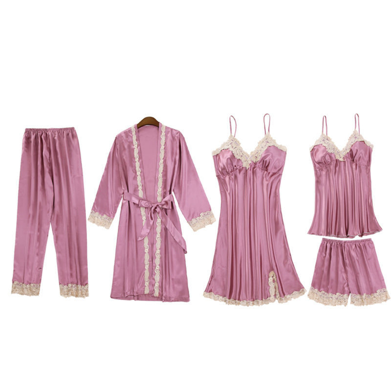 Sexy pajamas women spring and autumn thin ice silk suspender cushion nightdress gowns 45 piece suit bathrobes women summer