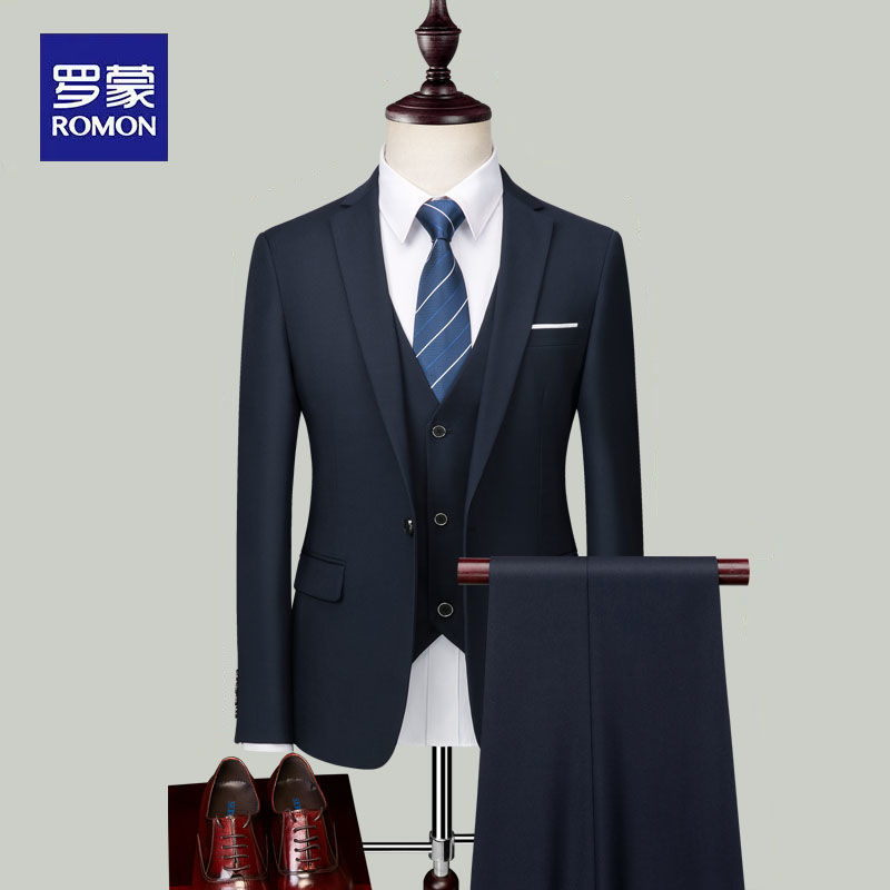 罗蒙2023新款西装男一整套韩版修身休闲商务职业正装新郎西服套装