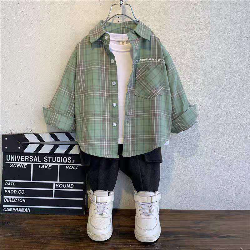 Boys' shirts, spring and autumn, small and medium-sized children's plaid shirts, children's clothes, foreign style baby long-sleeved cotton tops, thin coats, trendy