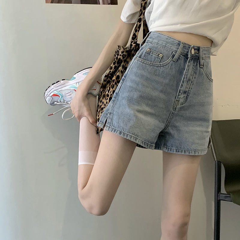 大碼胖妹妹開叉高腰牛仔短褲女辣妹夏季薄款寬鬆百搭學生闊腿熱褲