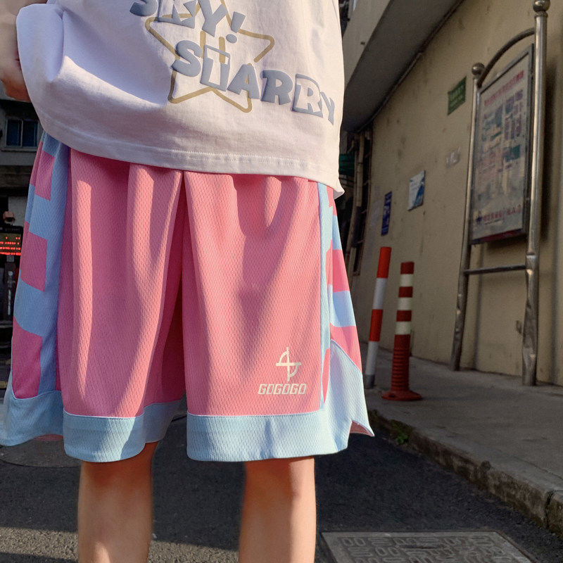 粉色短裤男夏季潮流宽松网眼设计感甜系裤子冰淇淋配色运动篮球裤