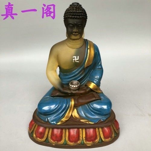 古玩老古董收藏老琉璃佛彩绘老佛像收藏供奉15.3*11*20.5厘米