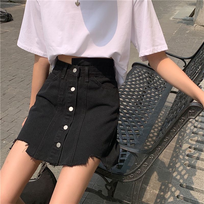 大碼胖MM不規則牛仔裙高腰A字半身裙女夏季經典排扣黑色包臀短裙