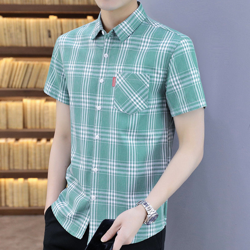 Men's Summer Plaid Shirt Short Sleeve 2022 New Korean Style Trendy Shirt Thin Section Youth Inch Shirt Free Ironing