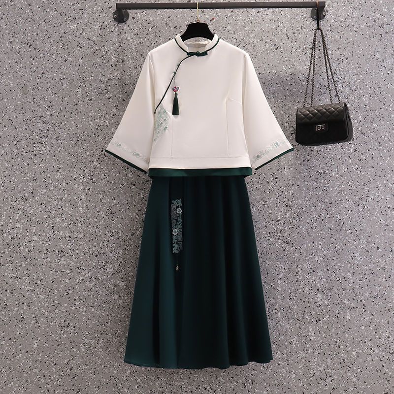 中国风新款高档洋气改良旗袍复古刺绣中式茶艺师服装套装裙两件套