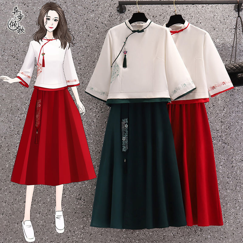 中国风新款高档洋气改良旗袍复古刺绣中式茶艺师服装套装裙两件套