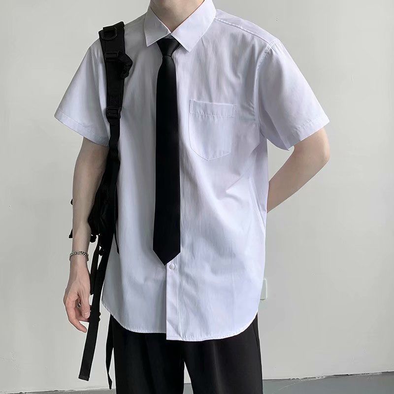 Summer short-sleeved shirt male white Korean version trend loose Hong Kong style casual student suit class uniform dk uniform shirt