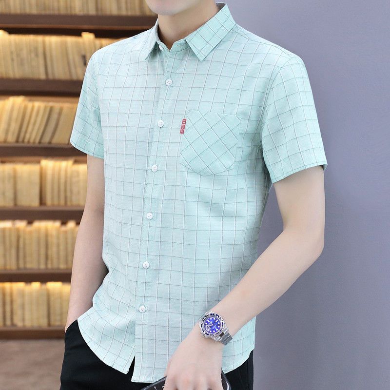 Men's Summer Plaid Shirt Short Sleeve 2022 New Korean Style Trendy Shirt Thin Section Youth Inch Shirt Free Ironing
