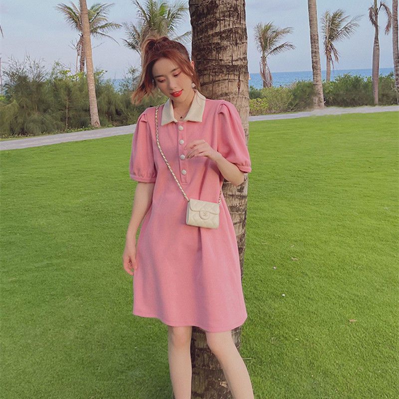 Fat MM Extra Large Size 300 Jin Pregnant Women T-shirt Dress  Summer Loose Hidden Meat Slim Doll Collar Polo Dress