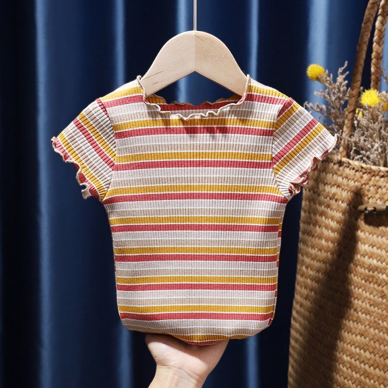 女童t恤2021夏季新款宝宝短袖彩条纹花边领纯棉中小童上衣儿童装