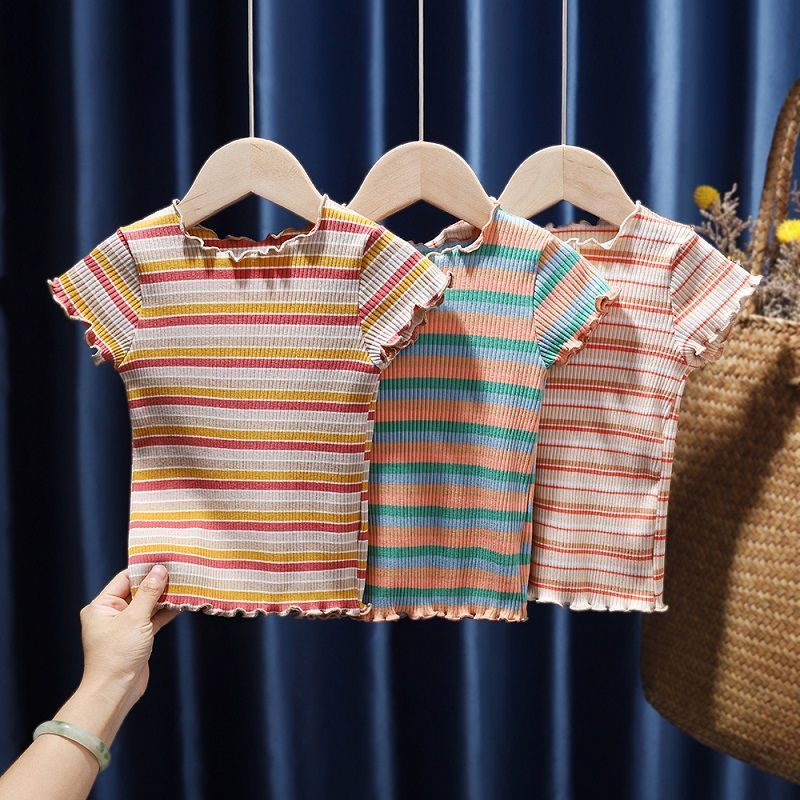 女童t恤2021夏季新款宝宝短袖彩条纹花边领纯棉中小童上衣儿童装
