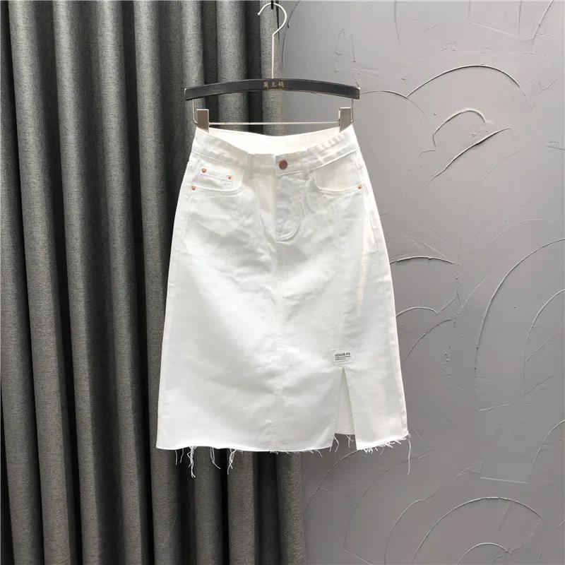European station white casual half-length denim skirt women 2023 new summer large size high waist slit A word bag hip skirt tide
