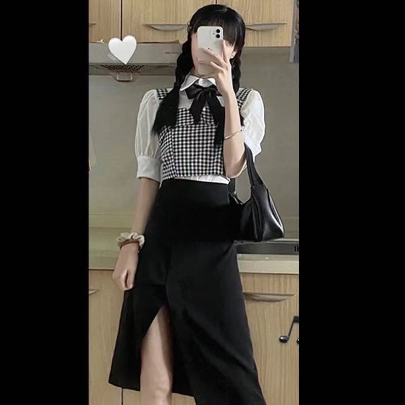 [Three-piece suit] Summer student foreign style camisole bow tie niche shirt high waist slit mid-length skirt