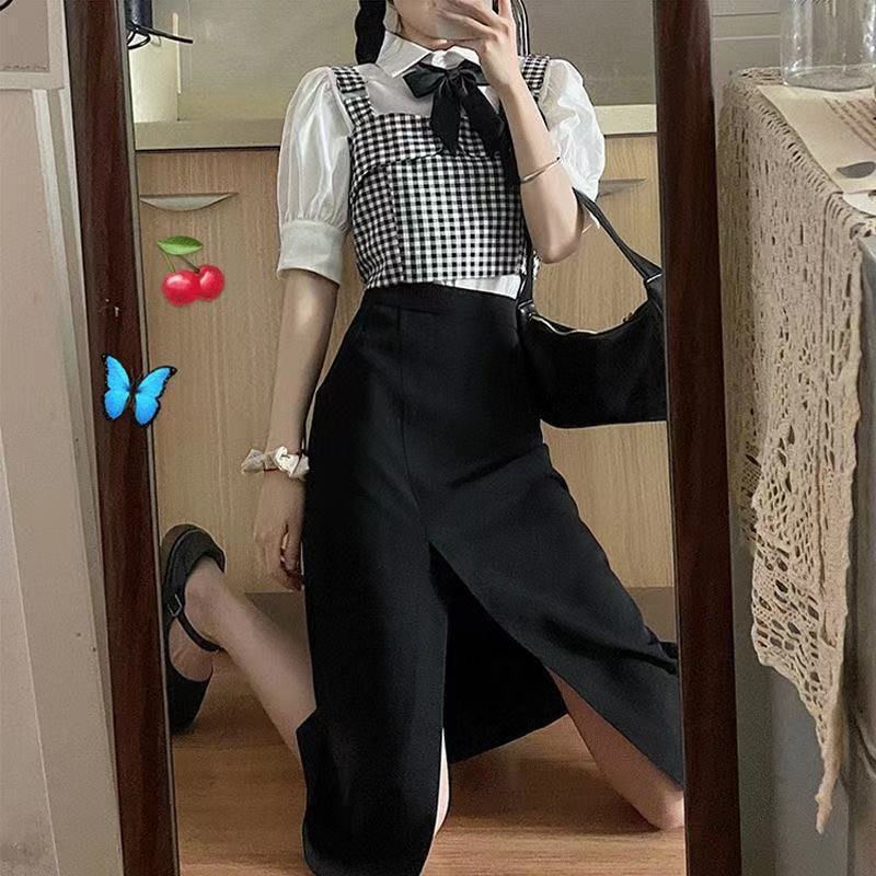 [Three-piece suit] Summer student foreign style camisole bow tie niche shirt high waist slit mid-length skirt