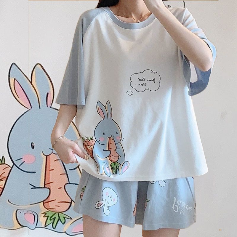 Pajamas women's summer pure cotton thin suit students Korean version cute junior high school students short-sleeved girls can wear home clothes