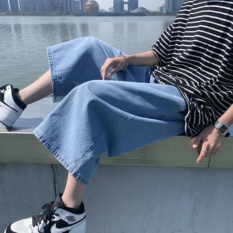 Summer denim shorts men's drapey straight eight-quarter pants Korean style trendy loose dad pants wide-leg sports cropped pants