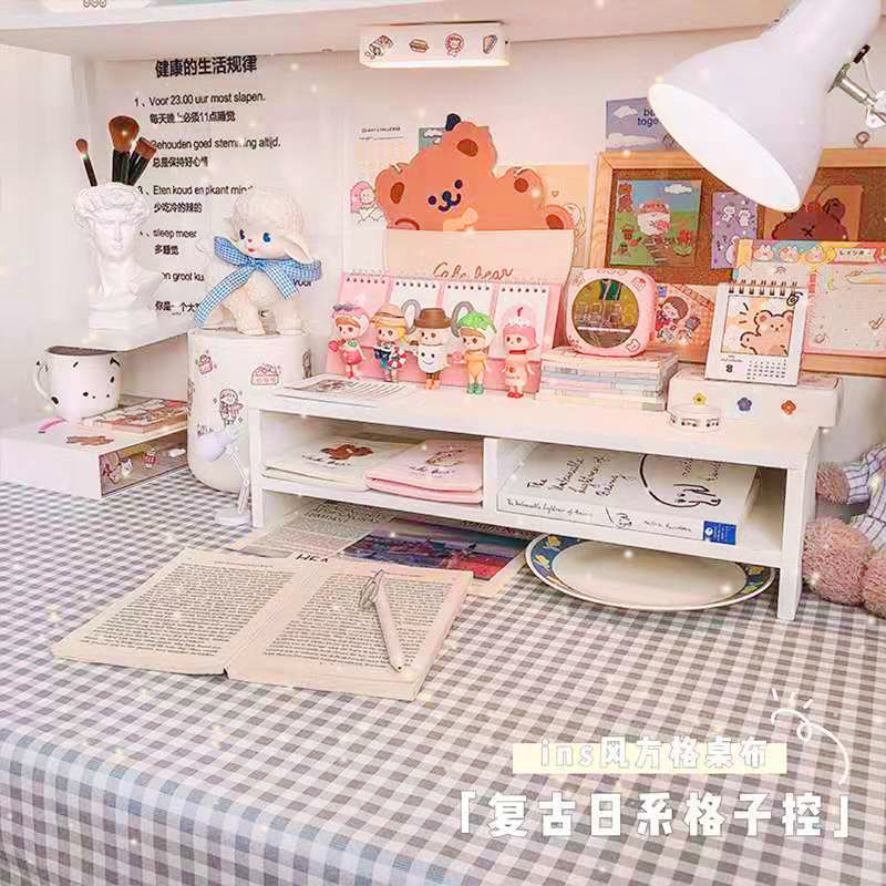 桌布格子ins学习桌大学宿舍卧室少女心房间日系布艺餐桌布书桌布_虎窝拼