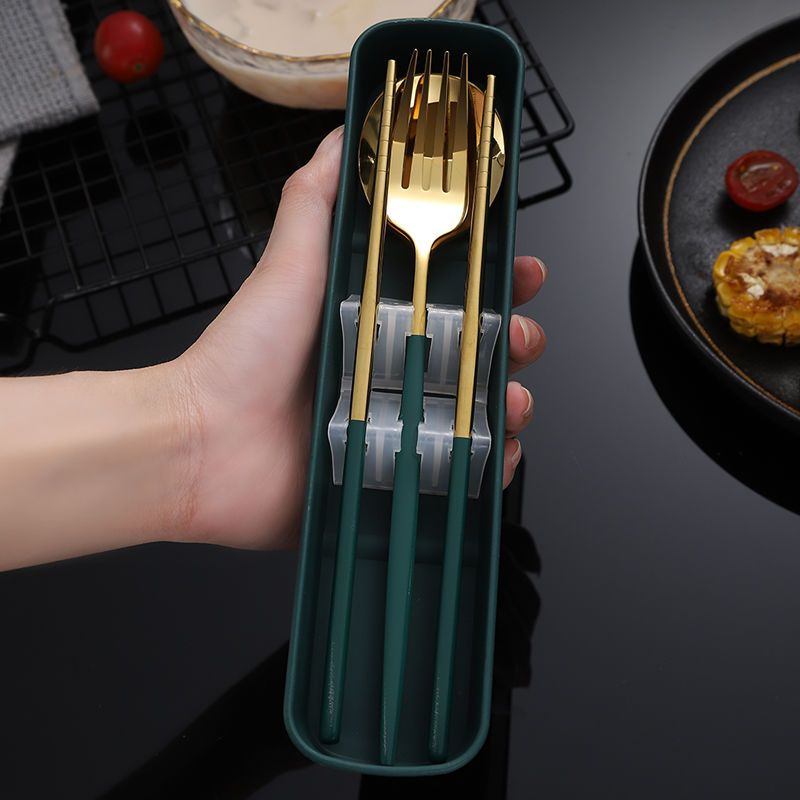 Chopsticks, spoons, set, single person portable tableware, three piece set, stainless steel fork, outdoor Korean storage box for students