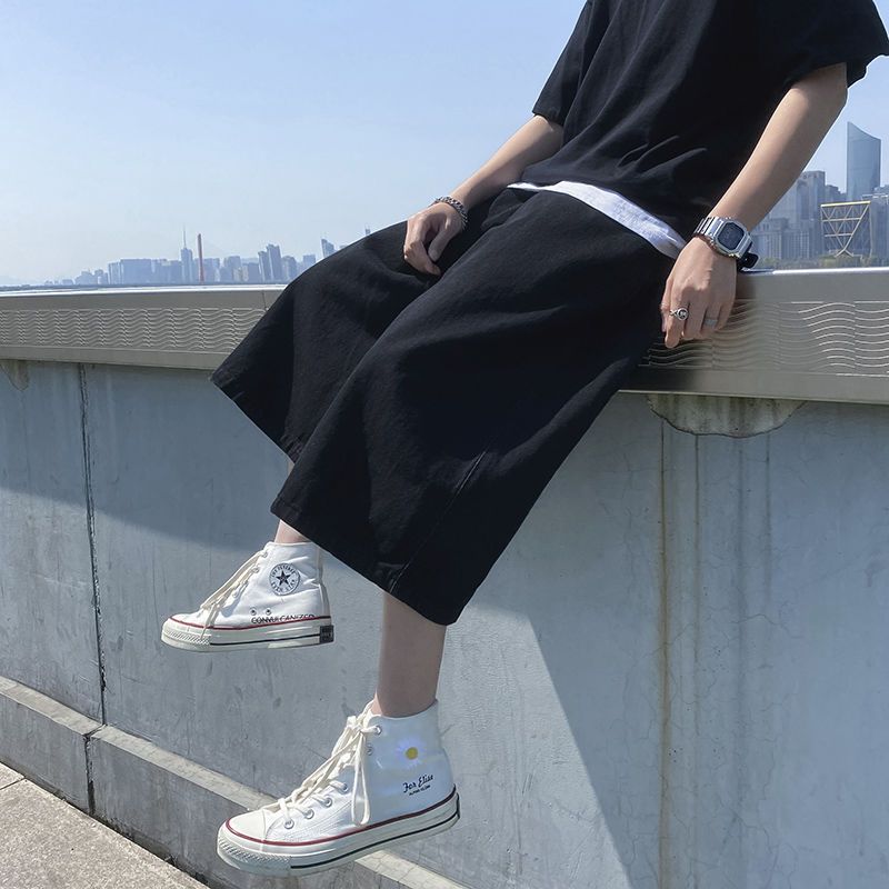 Summer denim shorts men's drapey straight eight-quarter pants Korean style trendy loose dad pants wide-leg sports cropped pants