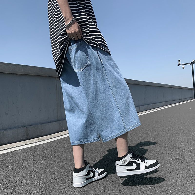 Summer denim shorts men's drapey straight eight-quarter pants Korean style trendy loose dad pants wide-leg sports cropped pants