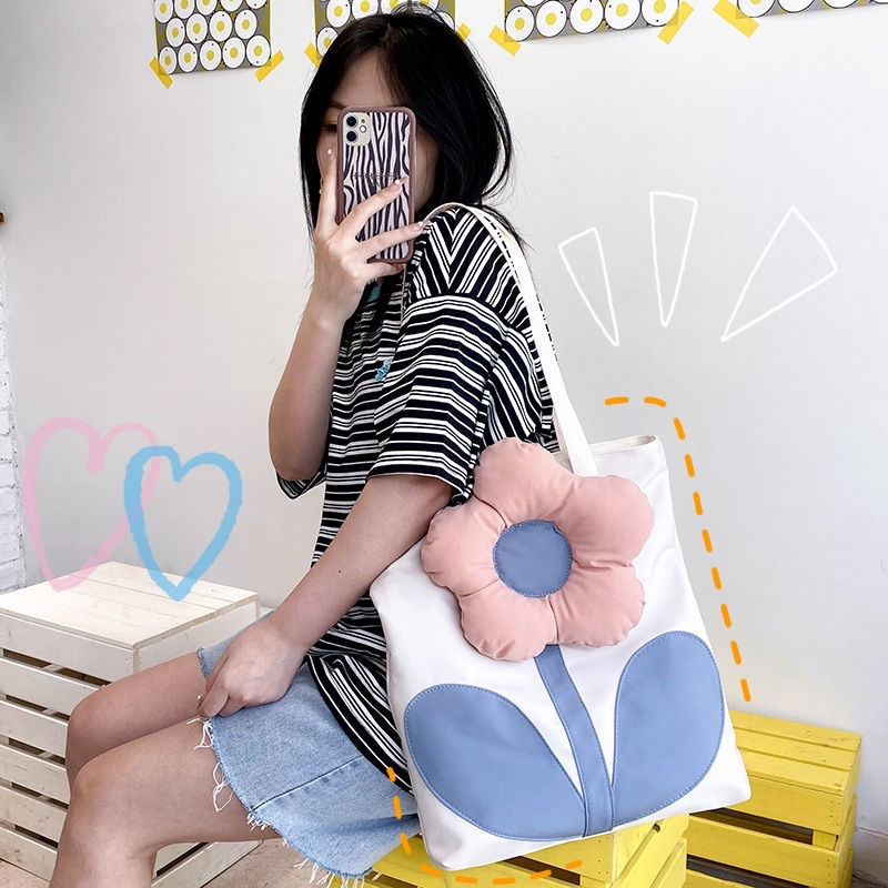 夏天大花朵單肩包包2021新款潮可愛少女托特包學生ins尼龍帆布包