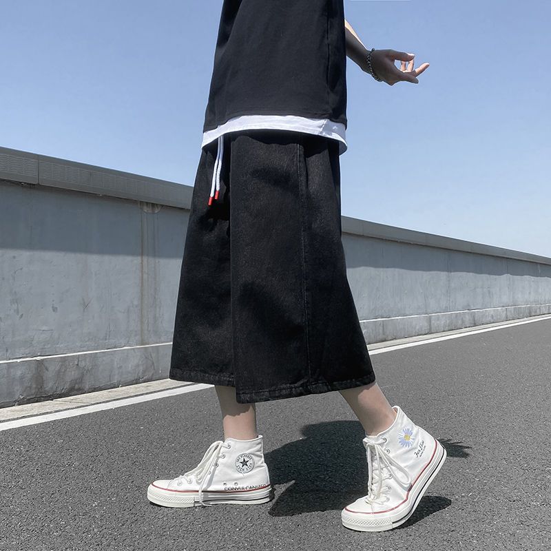 Summer denim shorts men's drapey straight eight-quarter pants Korean style trendy loose dad pants wide-leg sports cropped pants