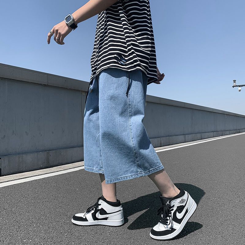 Summer denim shorts men's drapey straight eight-quarter pants Korean style trendy loose dad pants wide-leg sports cropped pants