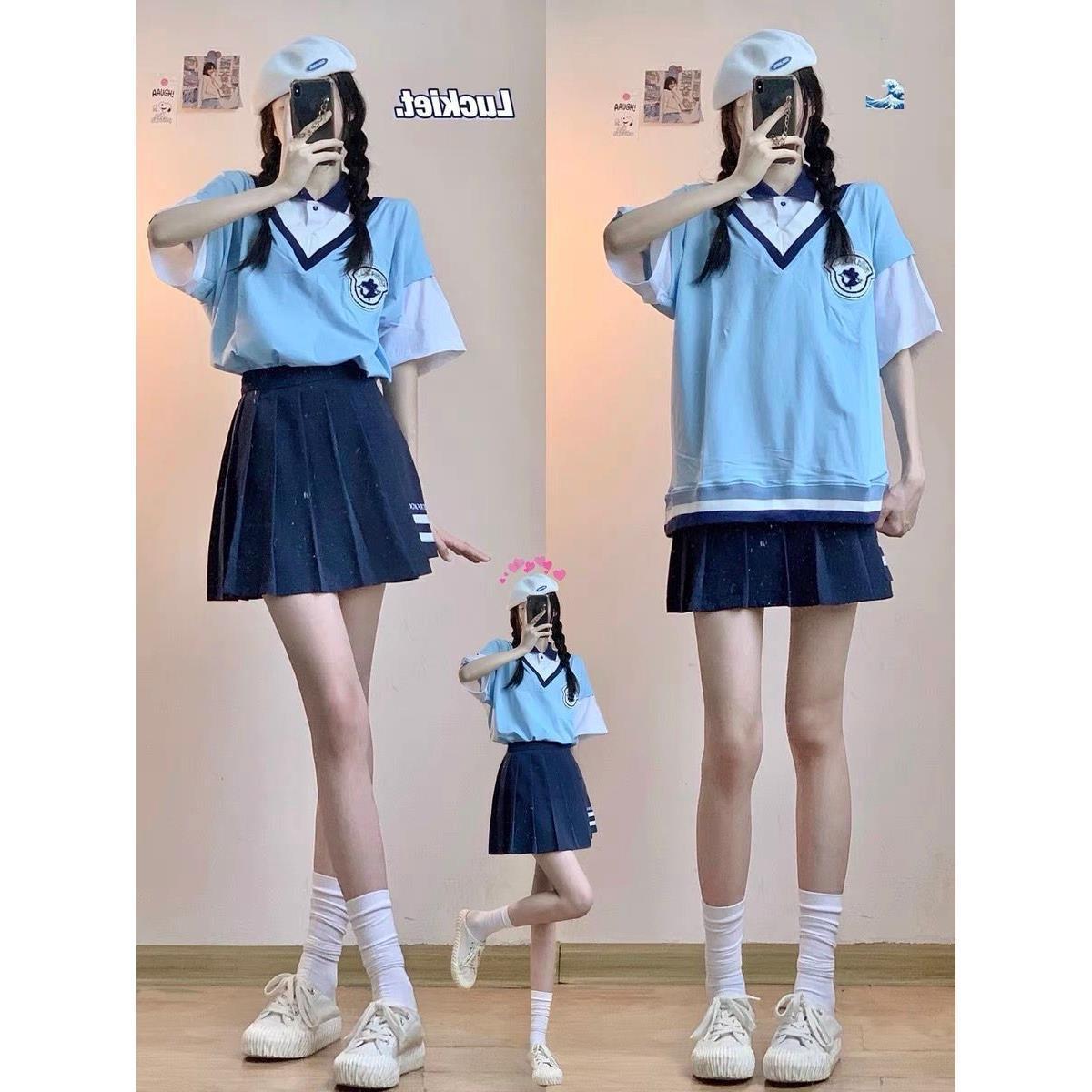 拼接螺紋假兩件polo衫學院風T恤上衣百褶裙學生校服校服初中生女