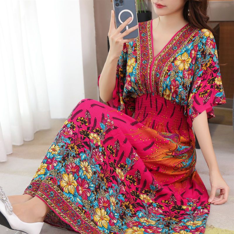 2020 New Summer Ethnic Style Cotton Silk Floral Dress Holiday Rayon Fairy Dress Large Size Printed Retro Long Dress