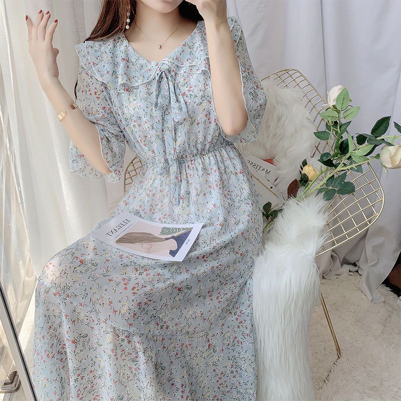 淑女碎花連衣裙女夏收腰顯瘦氣質仙女裙文藝雪紡長裙娃娃領公主裙