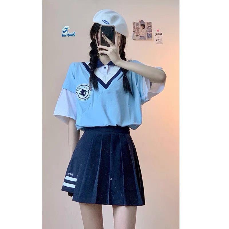 拼接螺纹假两件polo衫学院风T恤上衣百褶裙学生校服校服初中生女