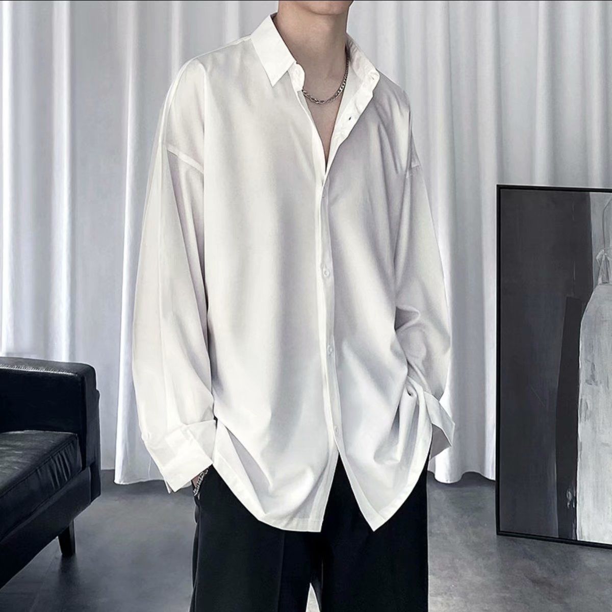 Very Fairy Shirt Male Ruffian Handsome Black Korean Trendy Inch Shirt Long Sleeve Loose Casual Drape Men's Shirt Set