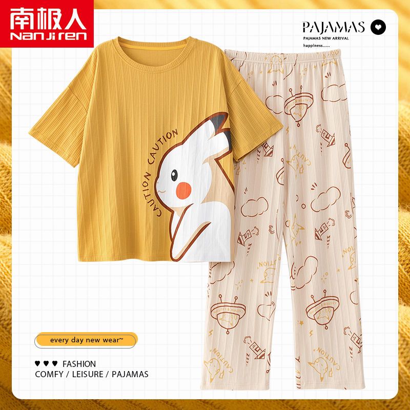 Pure cotton pajamas women's summer thin short-sleeved trousers two-piece suit spring and autumn summer home clothes can be worn outside