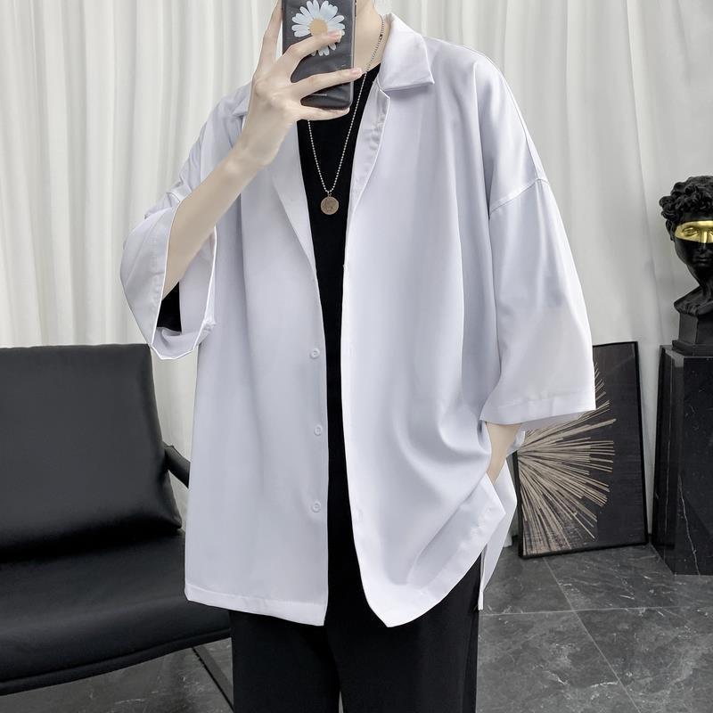 Ice silk short-sleeved shirt men's summer ruffian handsome black half-sleeved Hong Kong style trend drape jacket loose casual dk top
