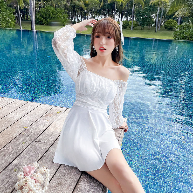 Swimming suit women's summer one-piece boxer conservative slimming cover belly long-sleeved sunscreen hot spring student swimming suit 2023 new