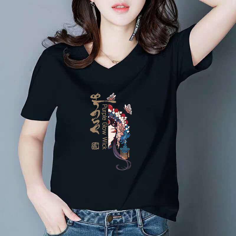 高檔短袖T恤女寬鬆V領雞心領半袖女士t恤短袖胖mm正肩女裝上衣夏