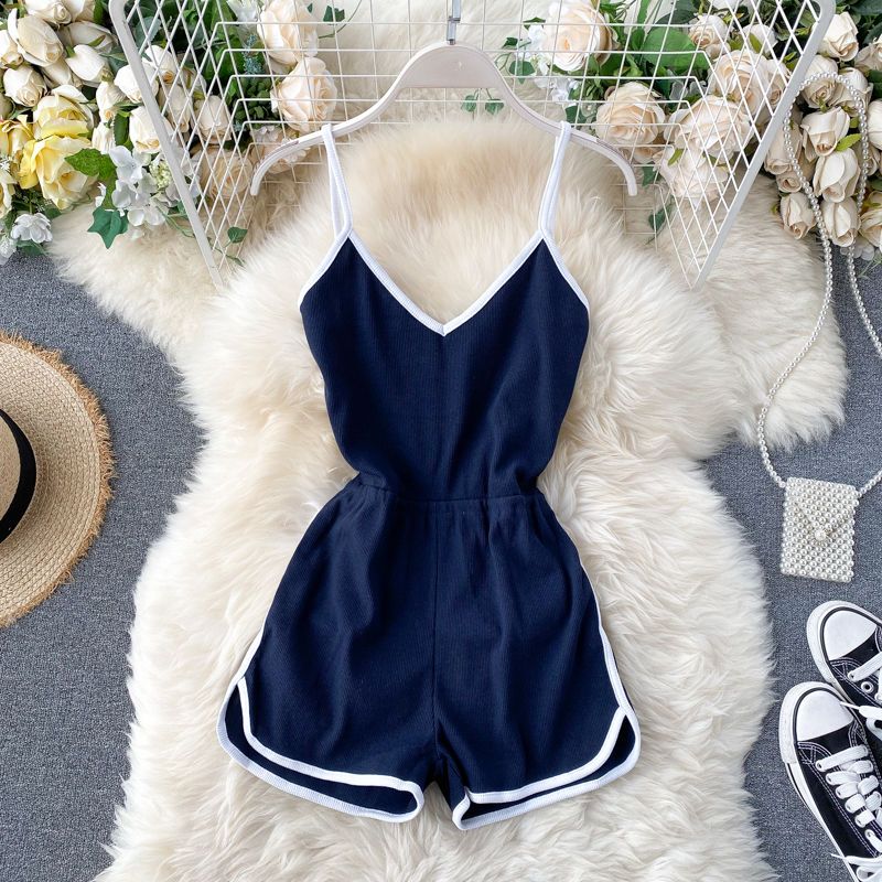 European and American ins design sense matching color suspender jumpsuit female 2022 summer new simple sports style casual shorts