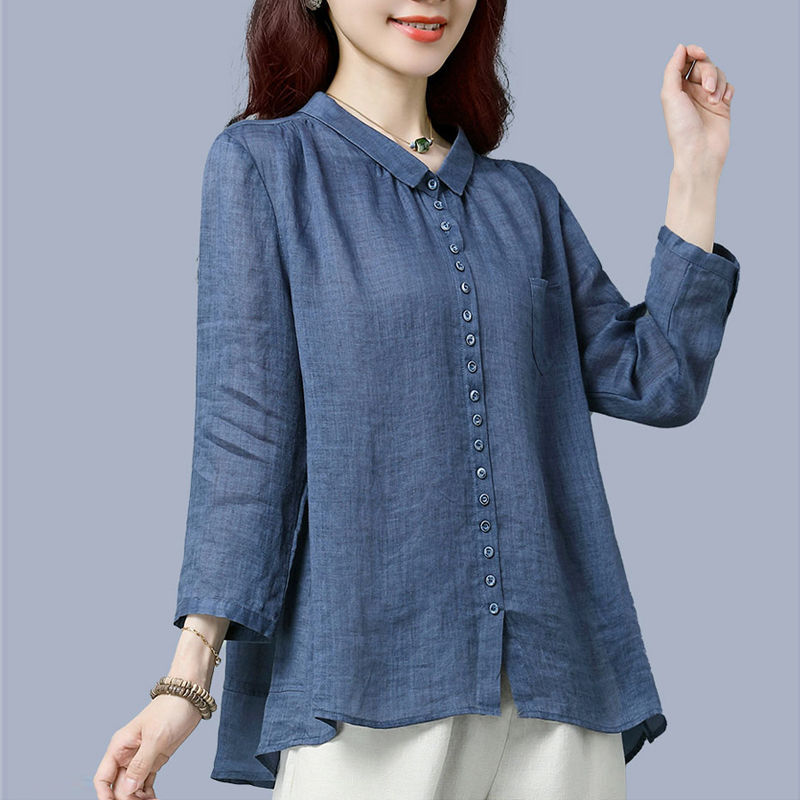 藍色棉麻襯衫女早秋七分袖2023新款寬鬆秋裝上衣苧麻娃娃領襯衣