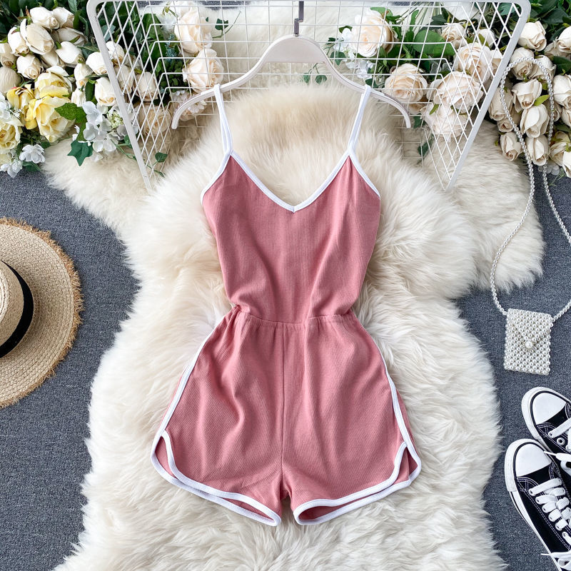 European and American ins design sense matching color suspender jumpsuit female 2022 summer new simple sports style casual shorts