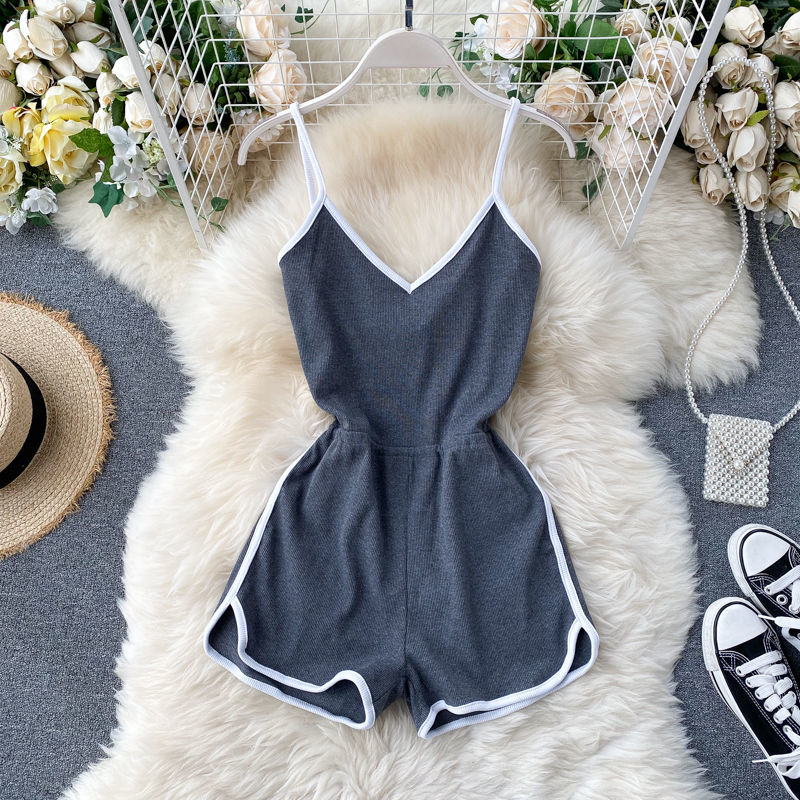 European and American ins design sense matching color suspender jumpsuit female 2022 summer new simple sports style casual shorts