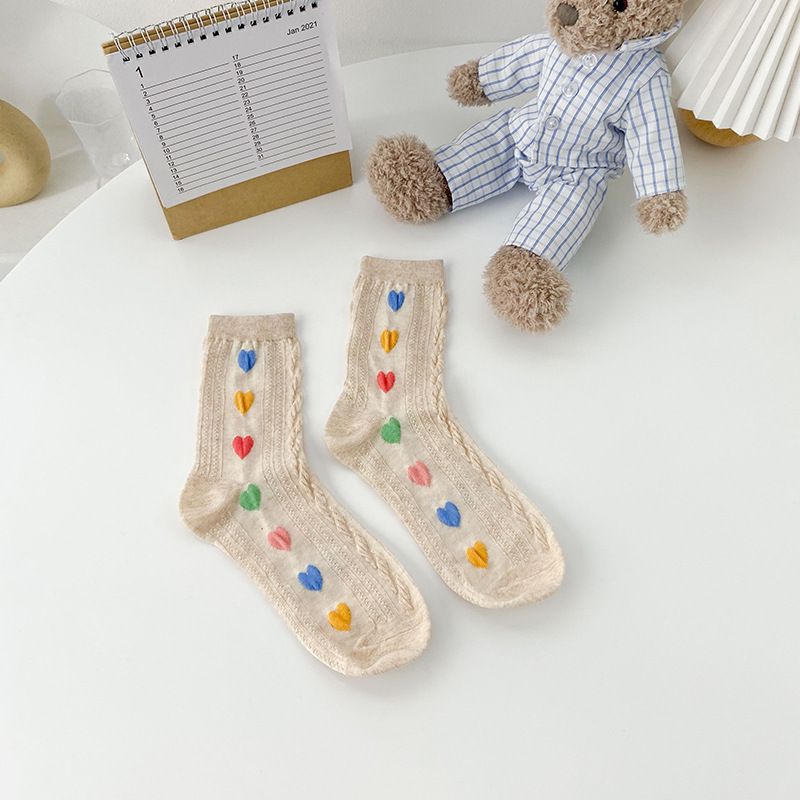 Thin breathable Japanese simple versatile socks children's colorful love fried dough twist medium tube socks Korean sweet girl cotton socks