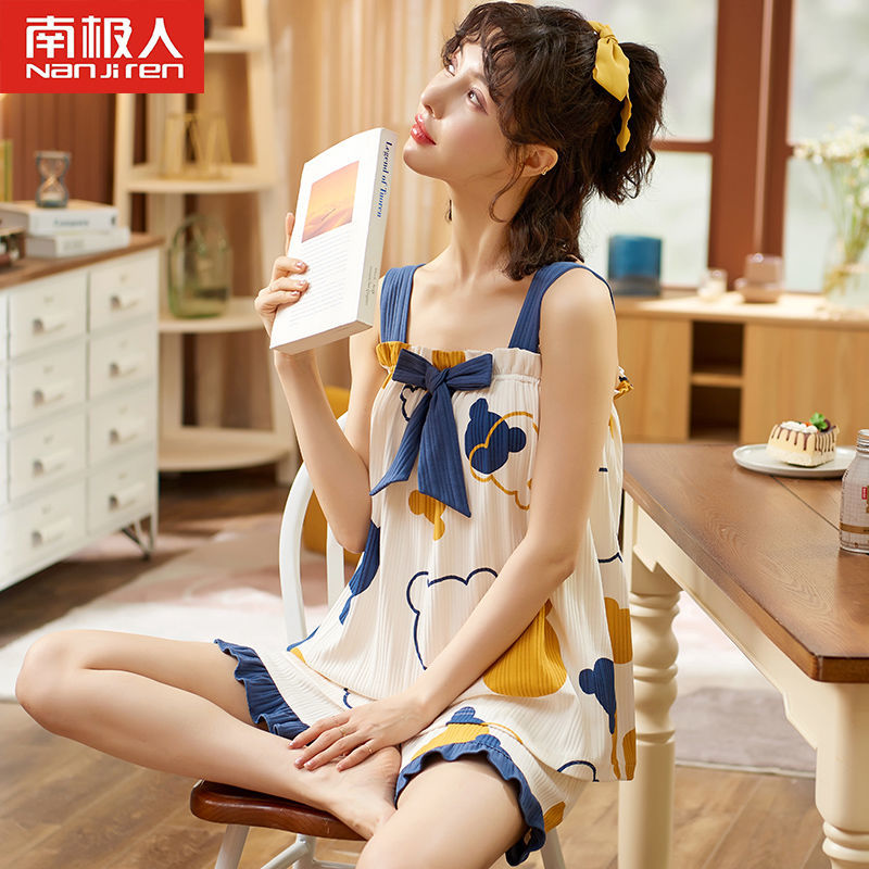 Nanjiren vest pajamas women's summer cotton suspenders shorts two-piece set students cute summer home service thin section