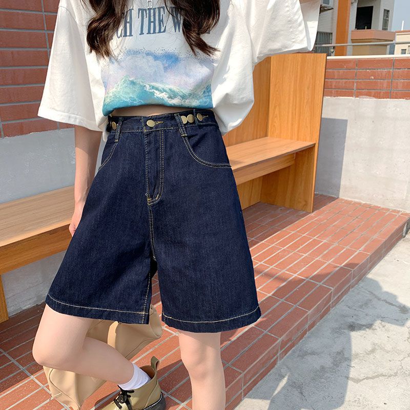 牛仔五分褲女夏季新款韓版寬鬆顯瘦百搭個性高腰直簡闊腿中褲子潮