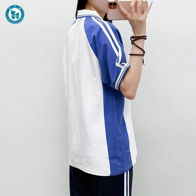 Summer men's and women's new short-sleeved student blue and white school uniform suit couple lapel blue bar college wind T-shirt casual shirt