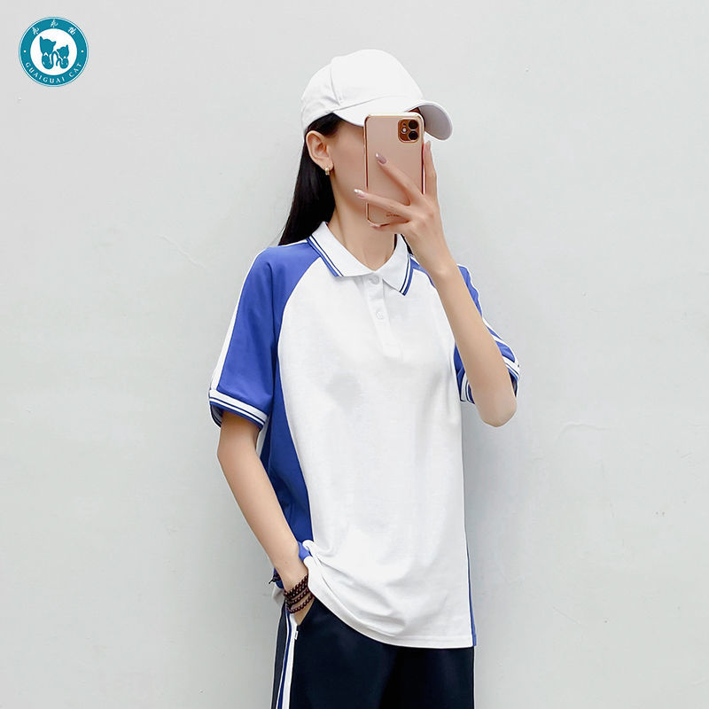 Summer men's and women's new short-sleeved student blue and white school uniform suit couple lapel blue bar college wind T-shirt casual shirt